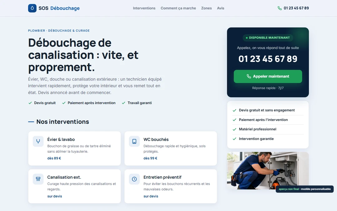 Capture originale de Site Rank & Rent débouchage canalisation