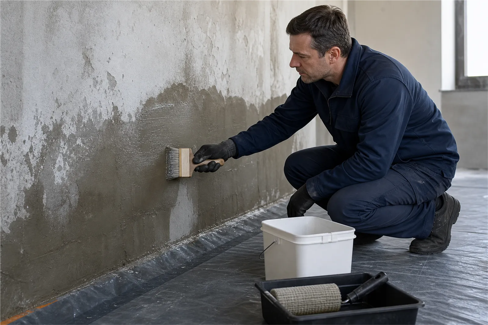 Technicien traitant un mur humide