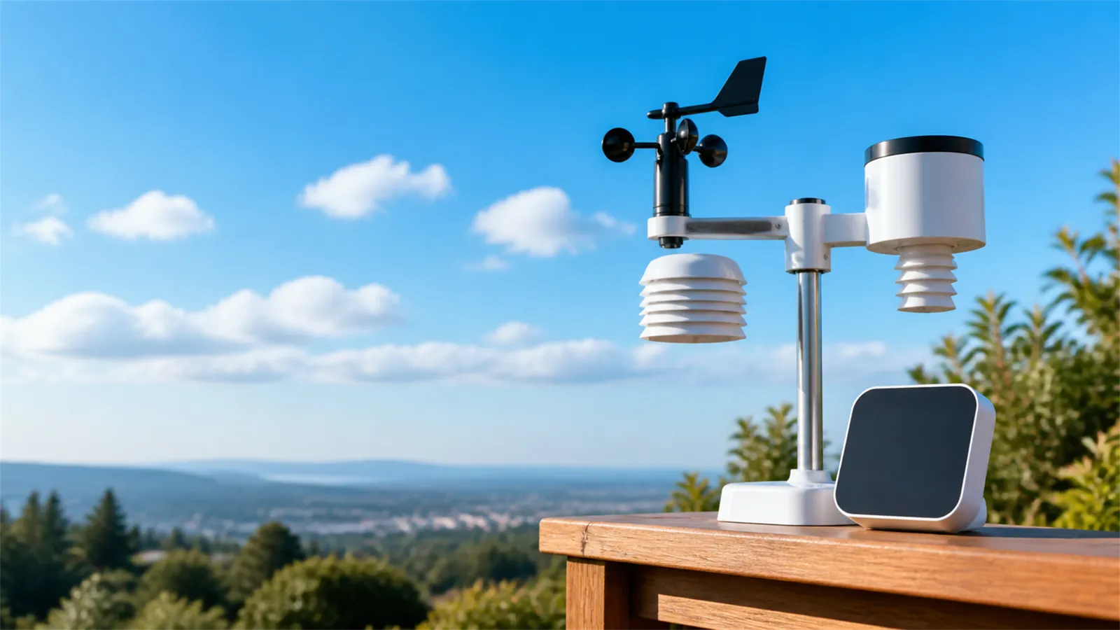 Station météo connectée installée sur une terrasse