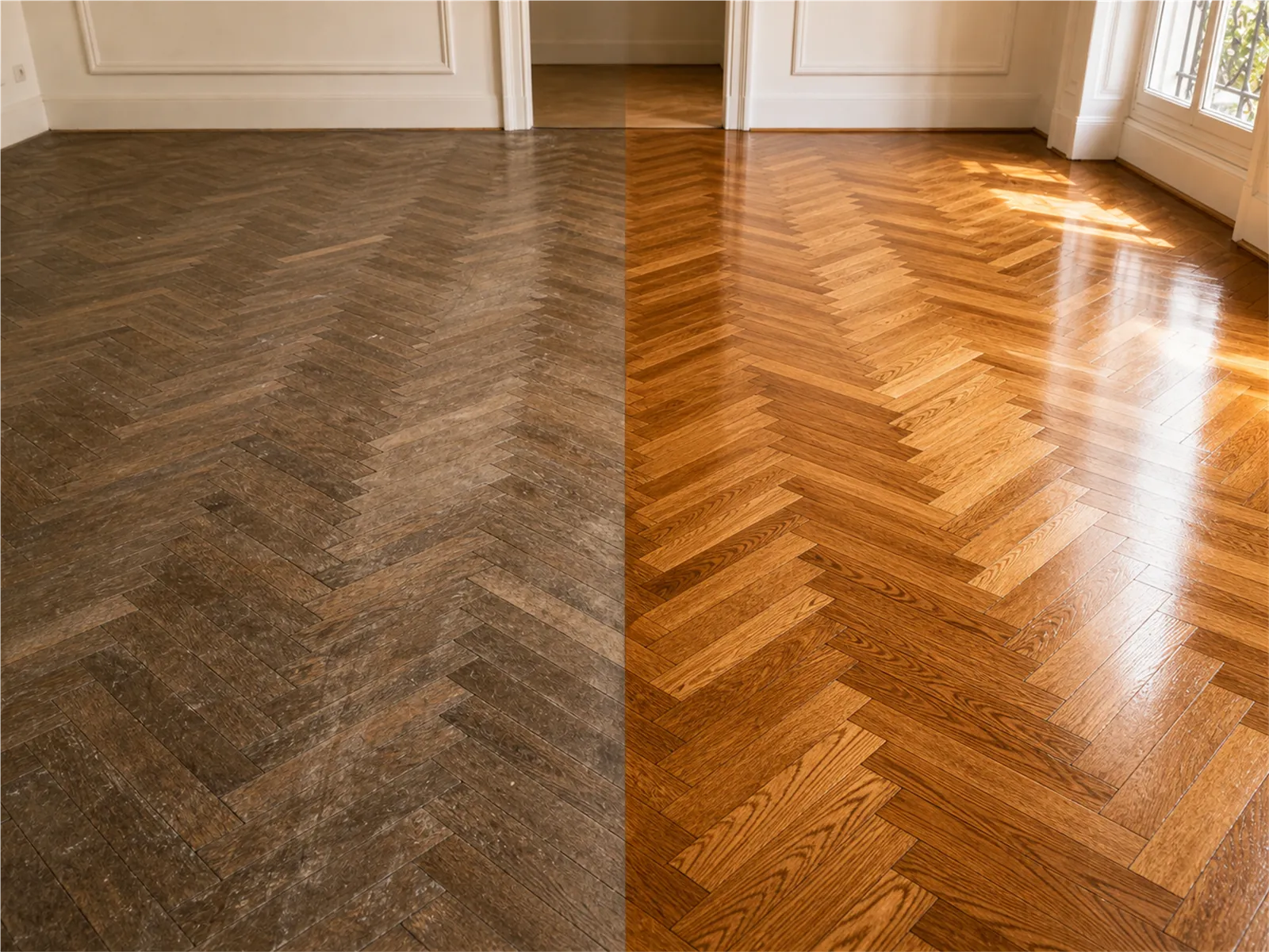 Parquet à moitié rénové : avant et après vitrification