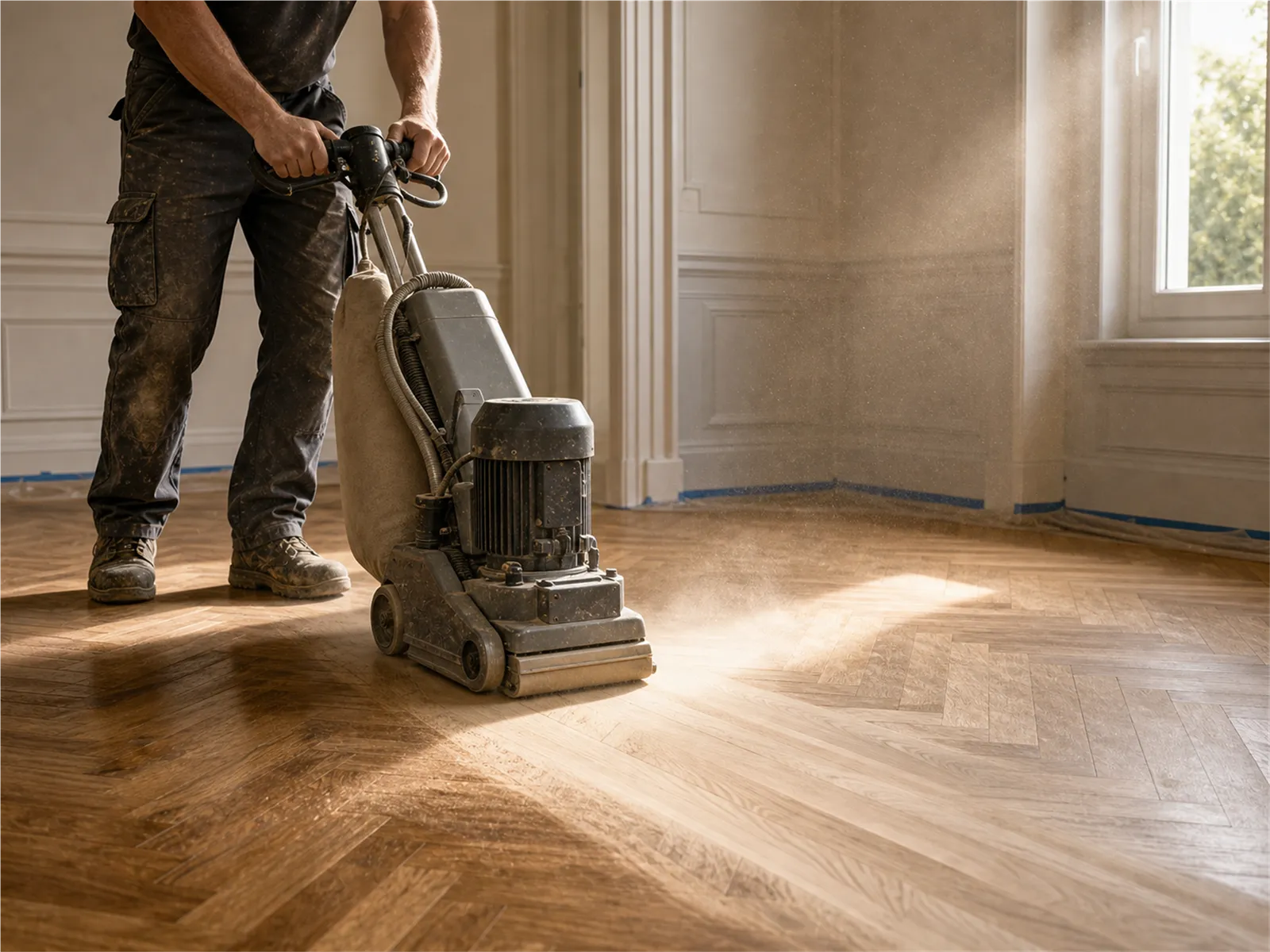 Ponçage de parquet en cours