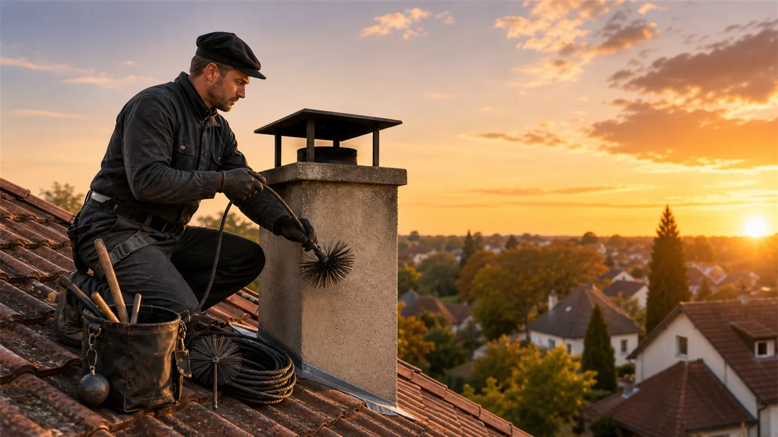 Ramoneur sur un toit au crépuscule