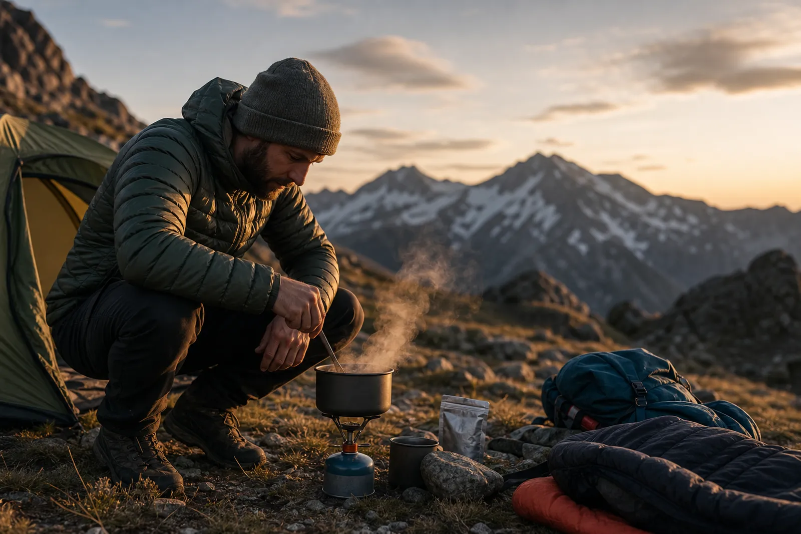 Bivouac en montagne au crépuscule