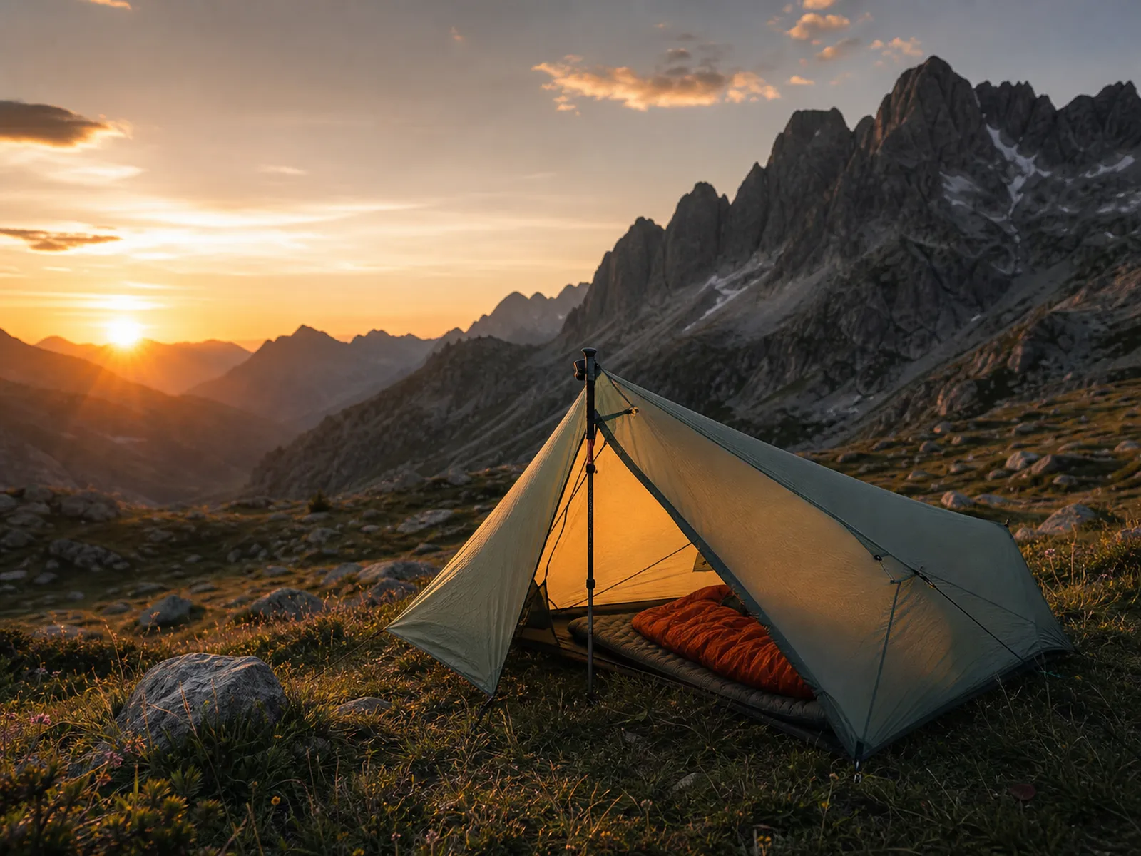Tente ultralégère au coucher du soleil